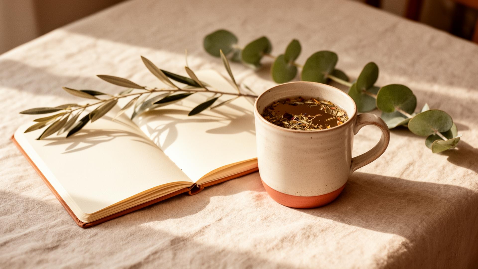Cuaderno abierto junto a una taza de té y ramas de eucalipto sobre lino